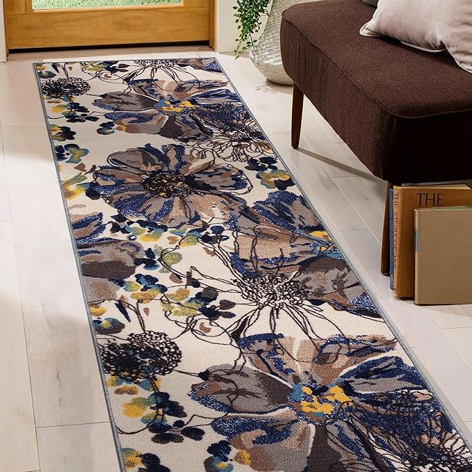 Rugshop Cream Bright Flowers Non Slip Non-Shedding Runner Rug for Hallway, Kitchen and Entryway, 2' x 10'
