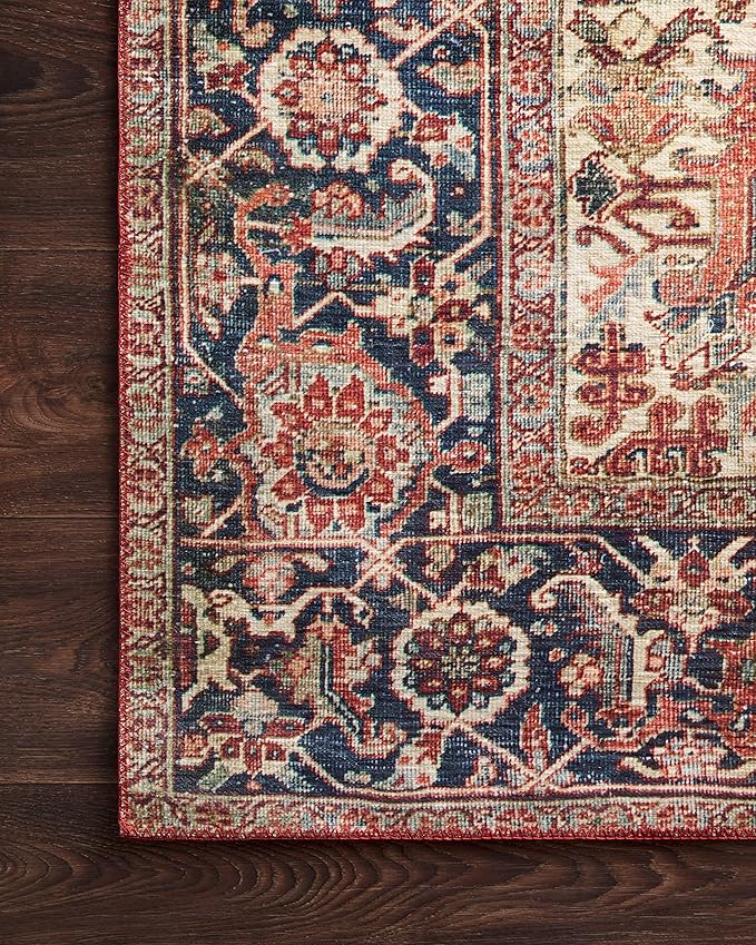 Loloi Layla Collection LAY-08 Red/Navy 2'-0" x 5'-0" .13" Thick Accent Rug, Soft, Durable, Vintage Inspired, Distressed, Low Pile, Non-Shedding, Easy Clean, Printed, Living Room Rug