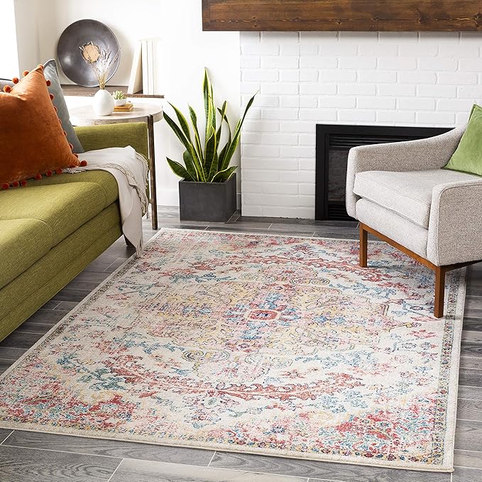 Livabliss Area Rugs - 8x10 Odelia Vintage Boho Red Off-White Blue Area Rug for Living Room Bedroom - Floral Medallion Stain Resistant Carpet for Kitchen, Nursery, Office (7'10" x 10')