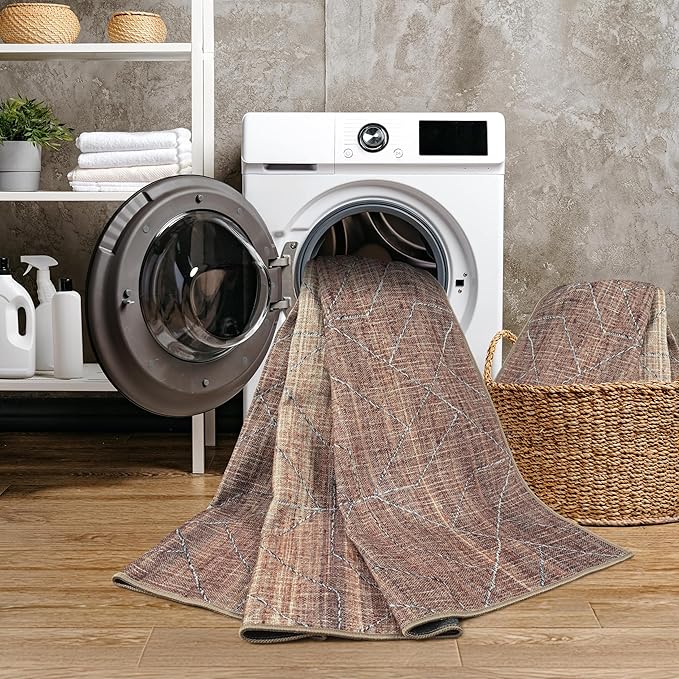 GLN Rugs Contemporary Collection - Machine Washable Area Rug, Contemporary Washable, Non Slip, Low Pile Chenille Rug, Living Room, Bedroom, Kitchen Rug (2'6" x 10' Terra/Brown)