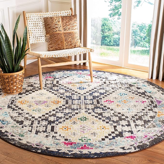 SAFAVIEH Madison Collection Area Rug - 6'7" Round, Black & Yellow, Boho Diamond Distressed Design, Non-Shedding & Easy Care, Ideal for High Traffic Areas in Living Room, Bedroom (MAD418Z)