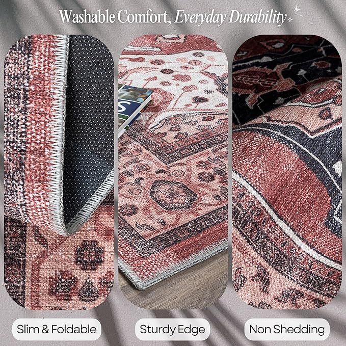 Fame Rugs Turkish Rug. Washable Vintage Oriental Antique Inspired Traditional Doormat Small Modern Area Rugs Luxury Entryway Entry Bedroom Bathroom Kitchen (404RR, 2'5 x 13'1)
