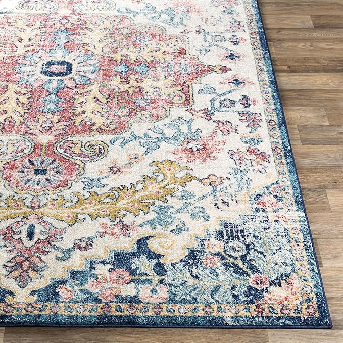 Livabliss Area Rugs - 8ft Round Odelia Vintage Boho Aqua Burgandy Blue Round Area Rug for Living Room Bedroom - Floral Medallion Stain Resistant Carpet for Kitchen, Nursery, Office (7'10" Round)