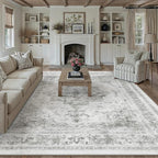 Washable Rug 9x12 Area Rug for Living Room Gray Vintage Boho Medallion Large Grey Distressed Retro Carpet Non Slip Indoor Low Pile Small Soft Bedroom Dining Room Home Office