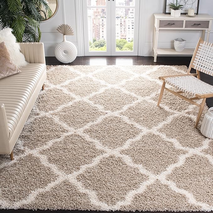 SAFAVIEH Dallas Shag Collection X-Large Area Rug - 11' x 15', Beige & Ivory, Trellis Design, Non-Shedding & Easy Care, 1.5-inch Thick Ideal for High Traffic Areas in Living Room, Bedroom (SGD257D)