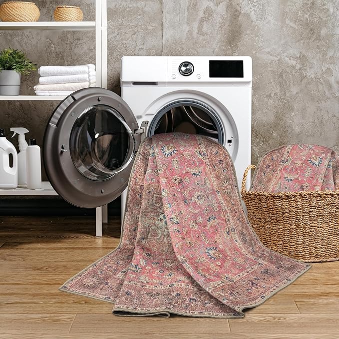 GLN Rugs Traditional Collection - Machine Washable Area Rug, Traditional Washable, Non Slip, Low Pile Chenille Rug, Living Room, Bedroom, Kitchen Rug (5' x 7' Pink/Cream)