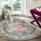 SAFAVIEH Monaco Collection Area Rug - 5' Round, Light Blue & Fuchsia, Boho Chic Medallion Distressed Design, Non-Shedding & Easy Care, Ideal for High Traffic Areas in Living Room, Bedroom (MNC243J)