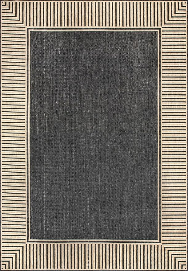 Nuloom Asha Dark Grey/Ivory, 6'7" x 9', Casual, Striped Border, Soft and Cozy, High Traffic, Stain Resistant, Easy Clean, Durable Area Rug for Indoor/Outdoor Patio, Deck, Porch, Garden, Courtyard