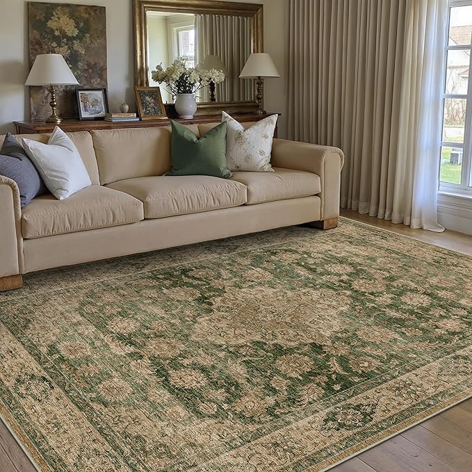 HUGEAR 3x5 Entryway Area Rug Retro Green Small Rug Machine Washable Door Mat Vintage Floral Low Pile Carpet Distressed Throw Rug Entrance Kitchen Bedroom Bathroom Office Non Slip Soft Lightweight