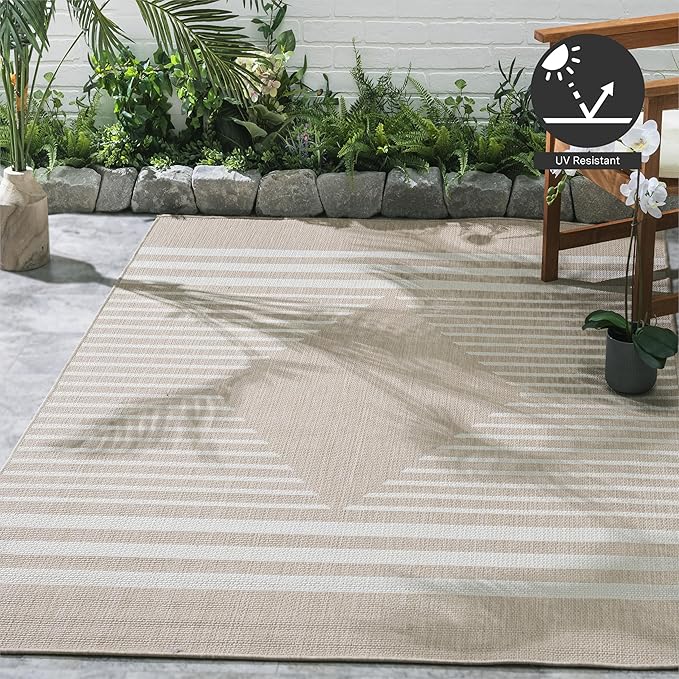 FH Home Flat Woven Outdoor Rug - Waterproof, Easy to Clean, Stain Resistant - Premium Polypropylene Yarn - Modern Geometric Kilim - Patio, Porch, Deck, Balcony - Mesa - Beige - 5ft 2in x 7ft 6in