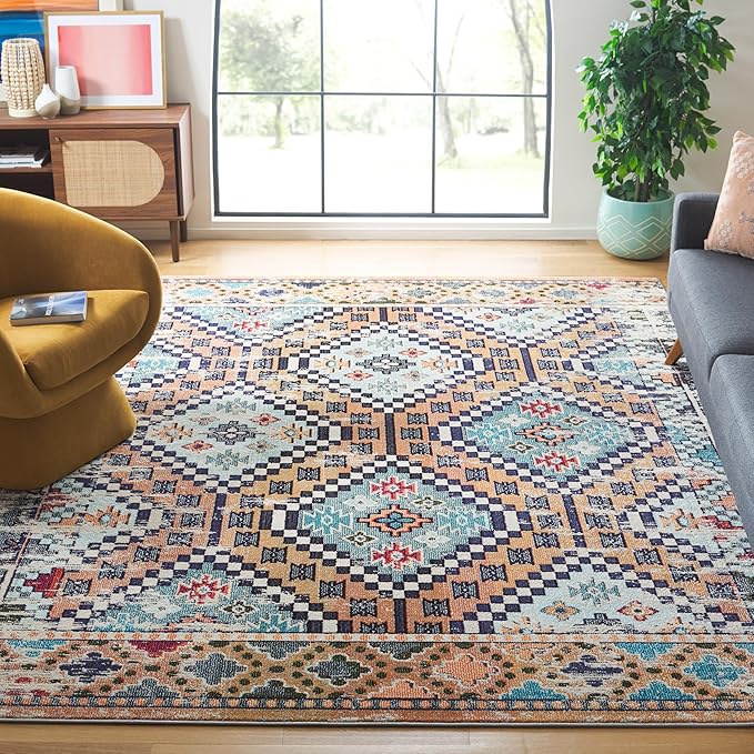 SAFAVIEH Madison Collection Area Rug - 10' x 14', Orange & Beige, Boho Diamond Distressed Design, Non-Shedding & Easy Care, Ideal for High Traffic Areas in Living Room, Bedroom (MAD418P)