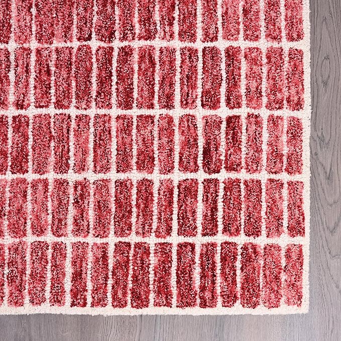 Hand-Tufted 100% Wool Area Rug – Unique Modern Geometric Grid Pattern, Soft Plush Textured Carpet for Living Room, Bedroom, Dining Room & Entryway (Brick Red, 8' x 10')