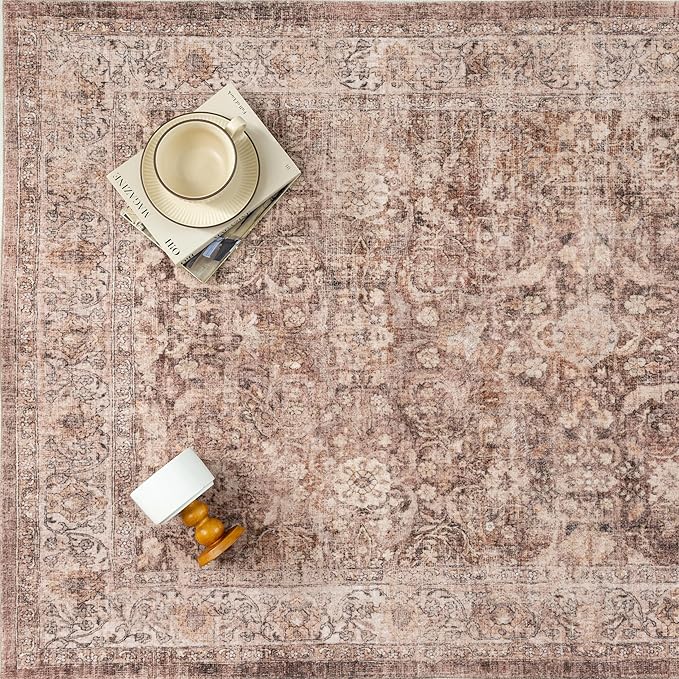 6x9 Rust Brown Washable Area Rug for Living Room Bedroom Neutral Soft Non Slip Rug Low Pile Vintage Distressed Carpet for Dining Room Nursery Office