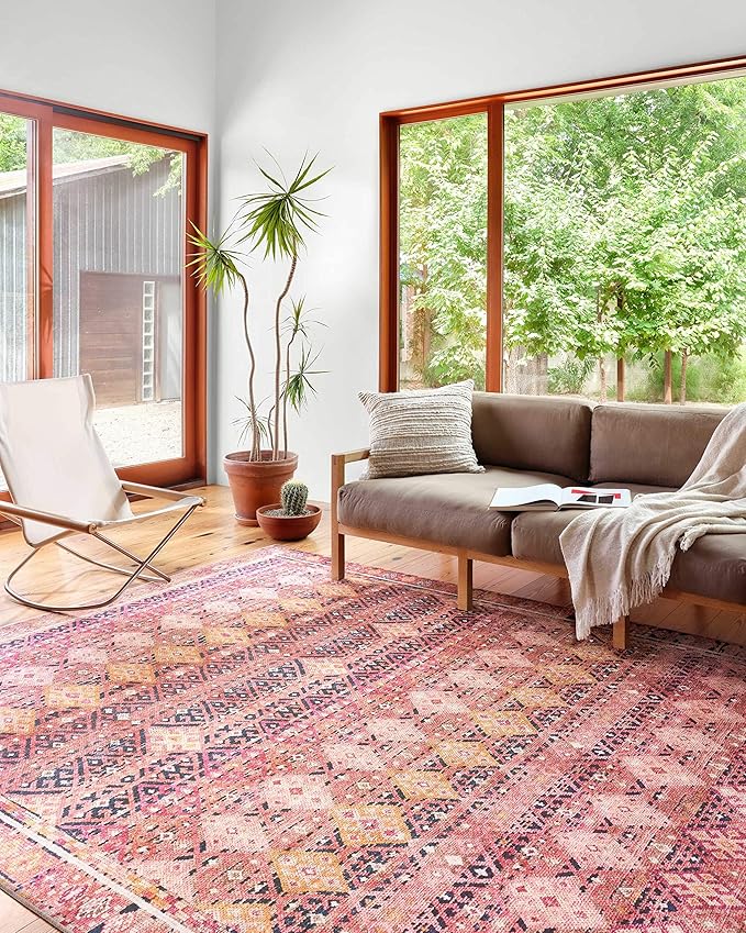 Loloi Layla Collection LAY-15 Magenta/Multi 5'-0" x 7'-6" .13" Thick Area Rug, Soft, Durable, Vintage Inspired, Distressed, Low Pile, Non-Shedding, Easy Clean, Printed, Living Room Rug