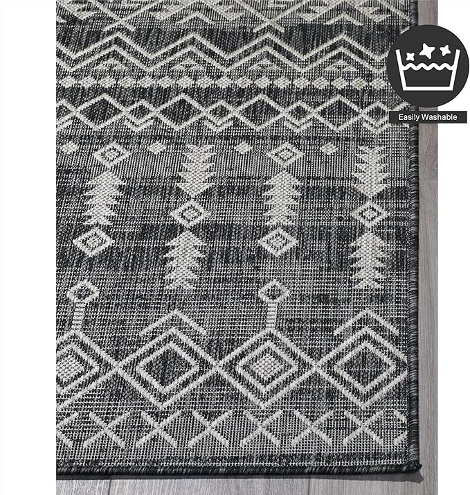 FH Home Flat Woven Outdoor Rug - Waterproof, Easy to Clean, Stain Resistant - Premium Polypropylene Yarn - Boho Moroccan - Patio, Porch, Deck, Balcony - Dakar - Charcoal - 5ft 2in x 7ft 6in