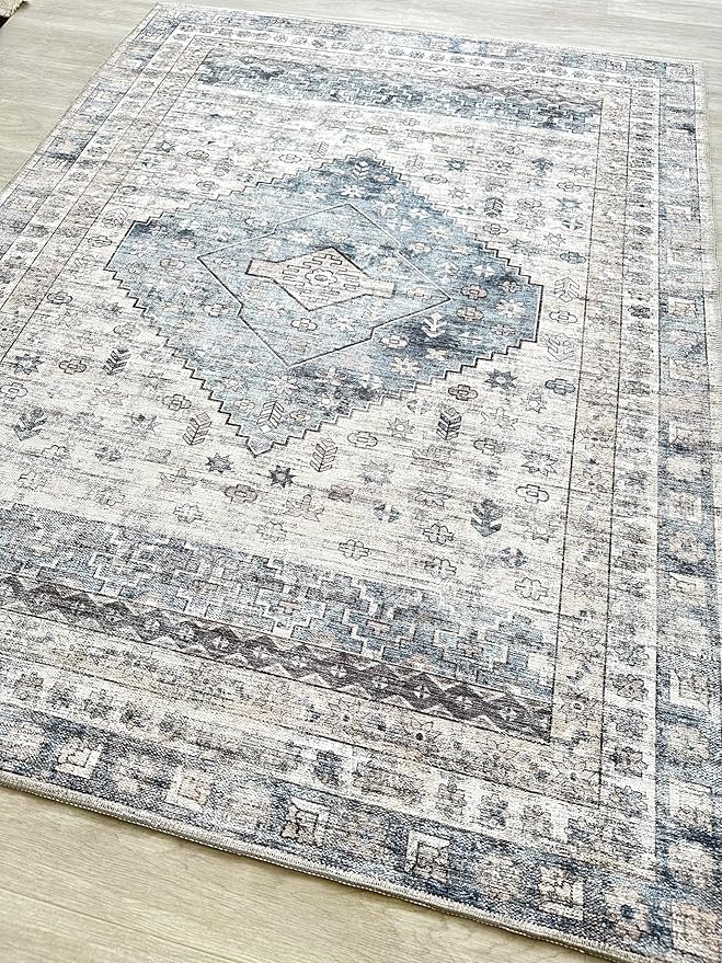 Fame Living Faded Oushak Rug, Turkish Vintage Floral Pastel Large Oversized Area Rugs for Living Room Dining Bedroom Kitchen Bathroom Nursery (848CrNv, 2' x 3')