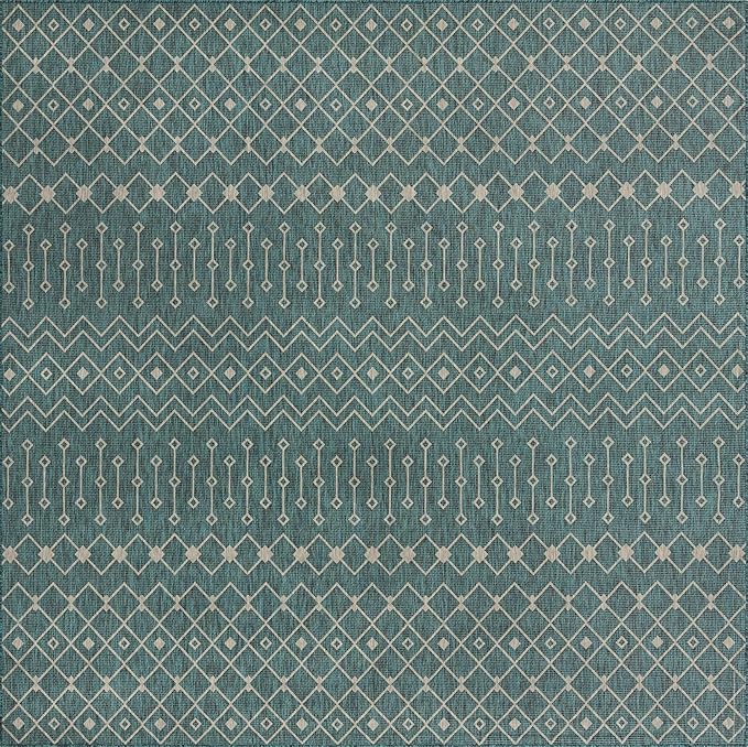 Unique Loom Outdoor Trellis Collection Area Rug - Tribal Trellis (13' Square, Teal/ Ivory)