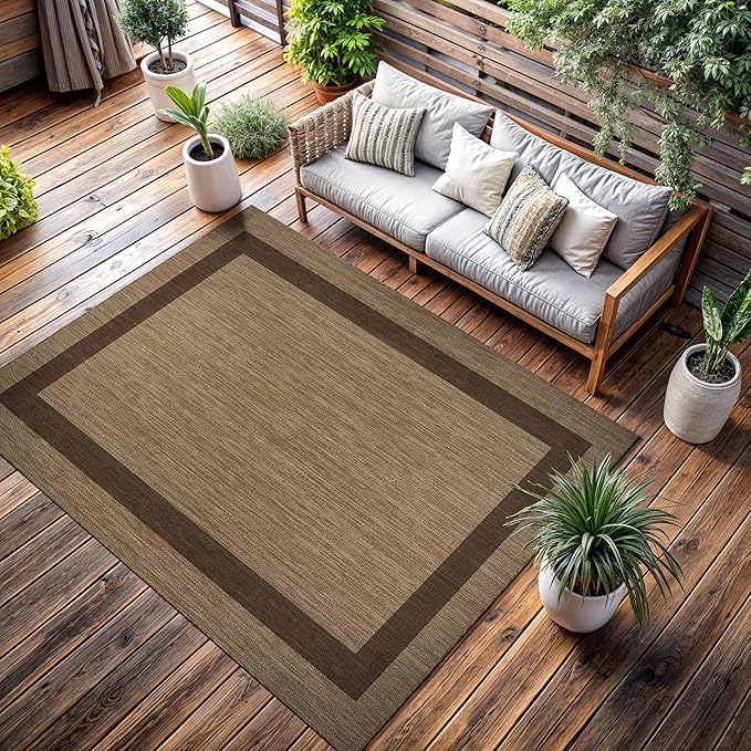 CAMILSON Outdoor Rug 6x9 - Modern Outside Rugs for Patios Porches Waterproof Durable Washable Non-Shedding, Easy-to-Clean Indoor Outdoor Area Carpet (6 x 9, Bordered - Jute)