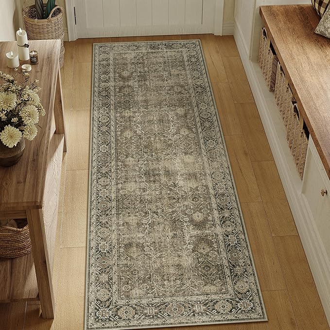 Light Brown 2x6 Vintage Area Rug Hallway Indoor Kitchen Washable Living Room Carpet Tribal Distressed Rug Retro Accent Throw Rug for Office Dining Room Bathroom Faux Wool