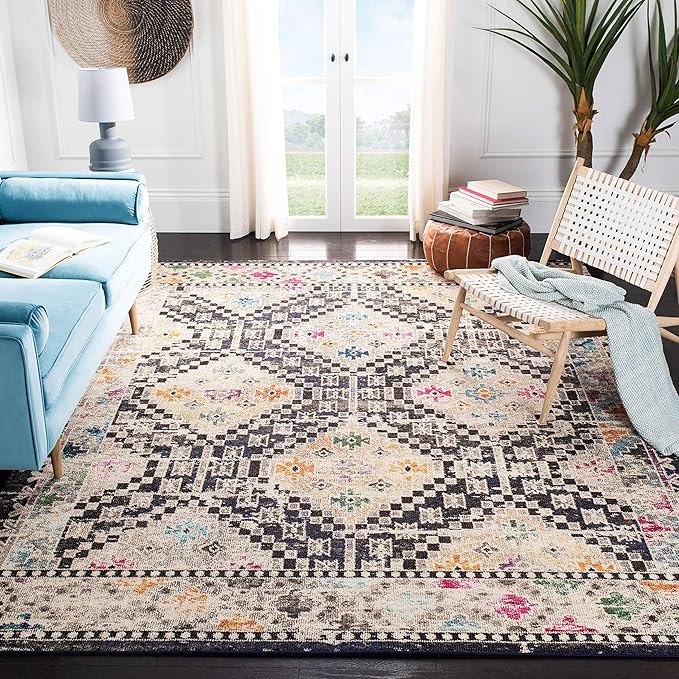 SAFAVIEH Madison Collection Area Rug - 9' Square, Black & Yellow, Boho Diamond Distressed Design, Non-Shedding & Easy Care, Ideal for High Traffic Areas in Living Room, Bedroom (MAD418Z)