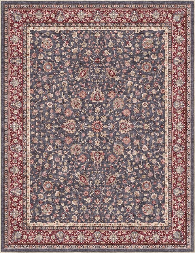 Well Woven Asha Rome Navy Blue Red 9'10" x 13' Area Rug - Oriental Floral Pattern, Easy Clean, Floor-Friendly Backing - for Living Room, Bedroom, and Dining Room