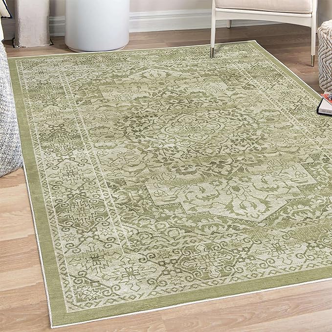 Ambesonne Victorian Decorative Rug, Floral Swirls Weathered Look Blooming Vintage Style Leaves Illustration, Quality Carpet for Bedroom Dorm and Living Room, 4' X 5' 5", Khaki Olive Green