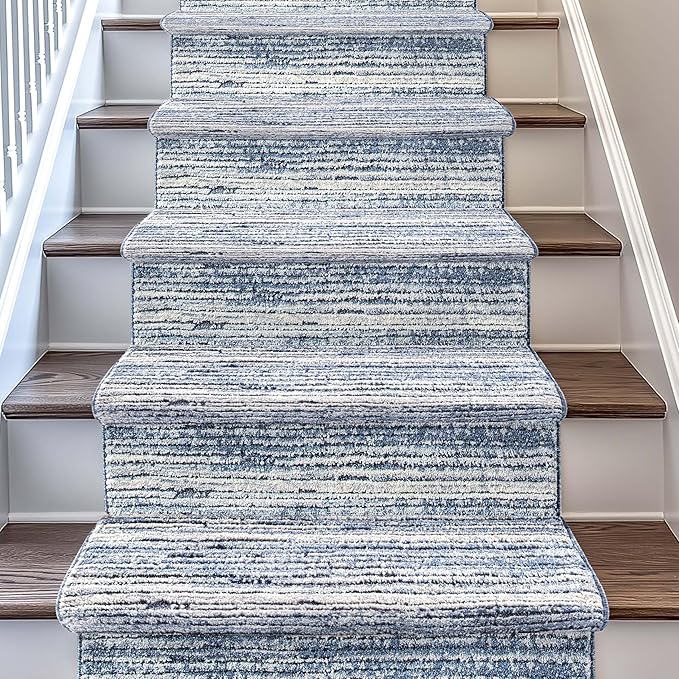 Well Woven Custom Size Hallway & Stair Runner- Harlow Delphi Blue 31 Inches Wide x 70 Feet Long Runner (31" x 70') Runner Rug - Modern Stripes Pattern, Ultra-Soft, Easy-Clean