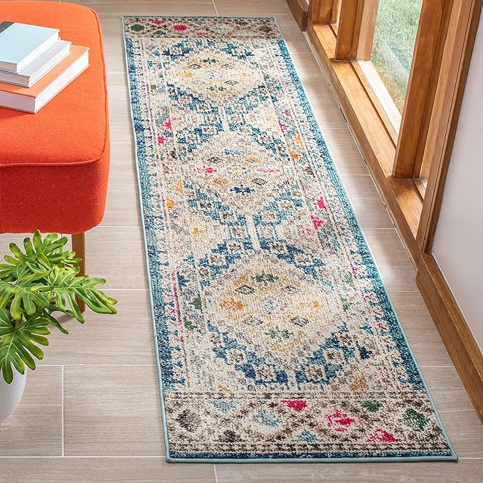 SAFAVIEH Madison Collection Runner Rug - 2'2" x 10', Dark Blue & Yellow, Boho Diamond Distressed Design, Non-Shedding & Easy Care, Ideal for High Traffic Areas in Living Room, Bedroom (MAD418N)