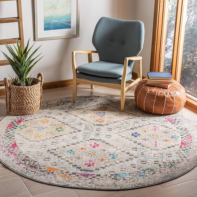 SAFAVIEH Madison Collection Area Rug - 6'7" Round, Grey & Yellow, Boho Diamond Distressed Design, Non-Shedding & Easy Care, Ideal for High Traffic Areas in Living Room, Bedroom (MAD418F)