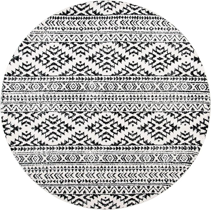 SAFAVIEH Tulum Collection Area Rug - 5' Round, Ivory & Black, Moroccan Boho Tribal Design, Non-Shedding & Easy to Clean, Ideal for Living Room, Bedroom, Dining Space (TUL272B)