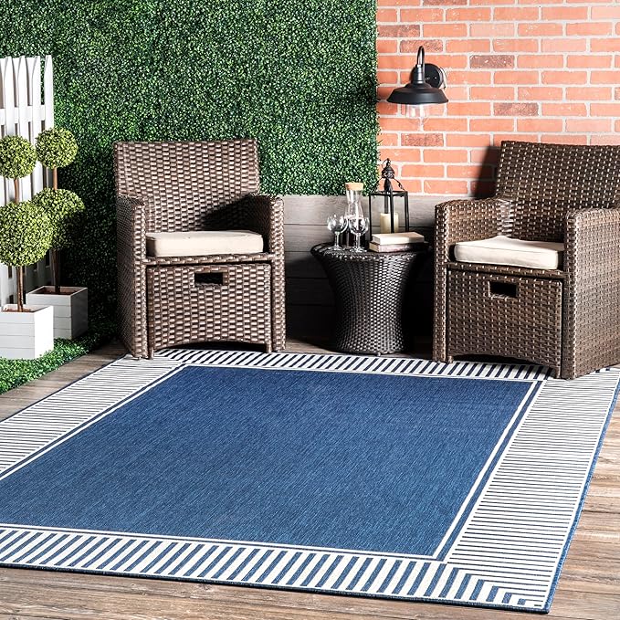 Nuloom Asha Navy/Ivory, 6'7" Square, Casual, Striped Border, Soft and Cozy, High Traffic, Stain Resistant, Easy Clean, Durable Area Rug for Indoor/Outdoor Patio, Deck, Porch, Garden, Courtyard