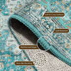 Washable Area Rug 3' x 5 ' Vintage Traditional Persian Mat - Foldable Distressed Non-Slip Machine Washable Carpet for Living Room Bedroom Kitchen Home Decor - Teal and Gold