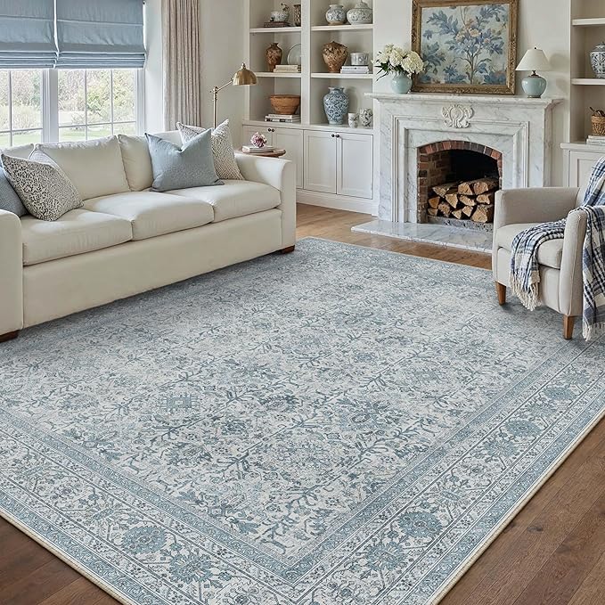 Area Rug 9x12 Blue Washable Living Room Carpet Soft Non Slip Vintage Bedroom Indoor Office Traditional Retro Distressed Large Thicker Throw Rug for Dining Room Playroom