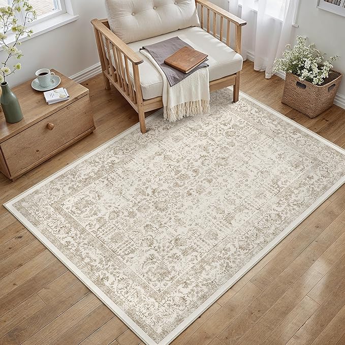 Light Brown Area Rug 4x5 Office Entryway Rug Machine Washable Kitchen Vintage Distressed Non Slip Carpet Indoor Retro Floral Accent Throw Door Mat for Bathroom Bedroom Dining Living Room