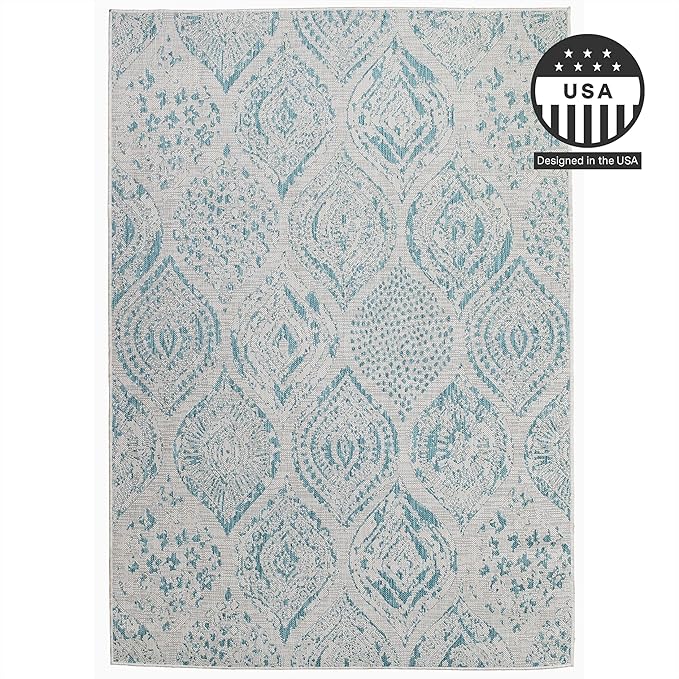 FH Home Flat Woven Outdoor Rug - Waterproof, Easy to Clean, Stain Resistant - Premium Polypropylene Yarn - Distressed Farmhouse - Patio, Porch, Deck, Balcony - Granada - Aqua - 5ft 2in x 7ft 6in