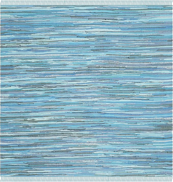 SAFAVIEH Rag Rug Collection Area Rug - 8' Square, Blue & Multi, Handmade Boho Stripe Cotton, Ideal for High Traffic Areas in Living Room, Bedroom (RAR121B)