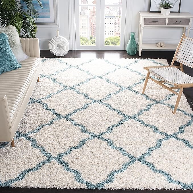 SAFAVIEH Dallas Shag Collection Area Rug - 8'6" x 12', Ivory & Light Blue, Trellis Design, Non-Shedding & Easy Care, 1.5-inch Thick Ideal for High Traffic Areas in Living Room, Bedroom (SGD257J)