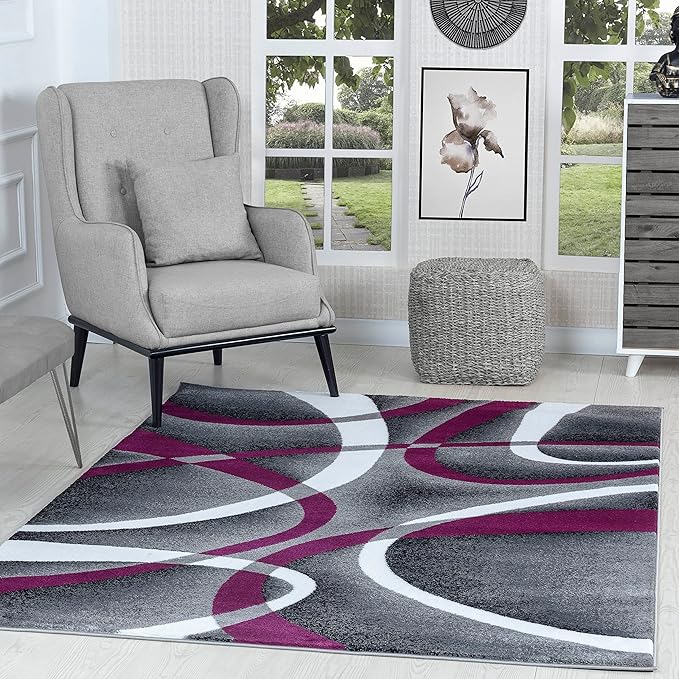 GLORY RUGS Modern Area Rug 5x7 Purple Swirls Carpet Bedroom Living Room Contemporary Dining Accent Sevilla Collection 4816A (Grey Purple)