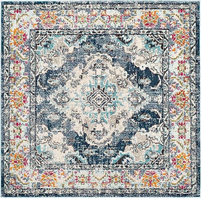 SAFAVIEH Monaco Collection Area Rug - 3' Square, Navy & Light Blue, Boho Chic Medallion Distressed Design, Non-Shedding & Easy Care, Ideal for High Traffic Areas in Living Room, Bedroom (MNC243N)