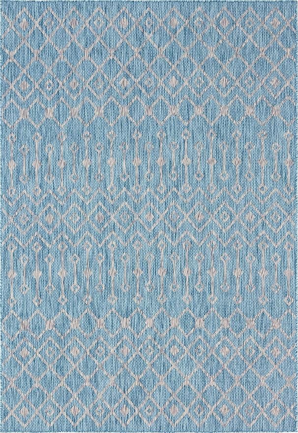 Unique Loom Outdoor Trellis Collection Area Rug - Tribal Trellis (7' 1" x 10' Rectangle, Aqua/ Ivory)