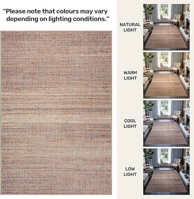 GLN Rugs Contemporary Collection - Machine Washable Area Rug, Contemporary Washable, Non Slip, Low Pile Chenille Rug, Living Room, Bedroom, Kitchen Rug (8' x 10' Terra/Brown)