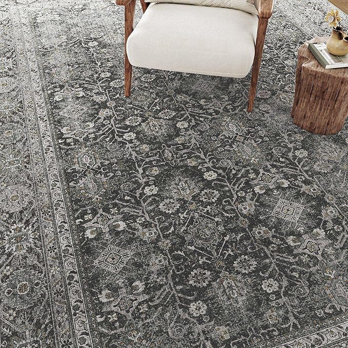 Black Runner Rug 2'6"x12' Vintage Area Carpet Hallway Long Indoor Kitchen Washable Living Room Low Pile Traditional Distressed Retro Accent Rug Non Slip Laundry Bathroom Office Dining Room