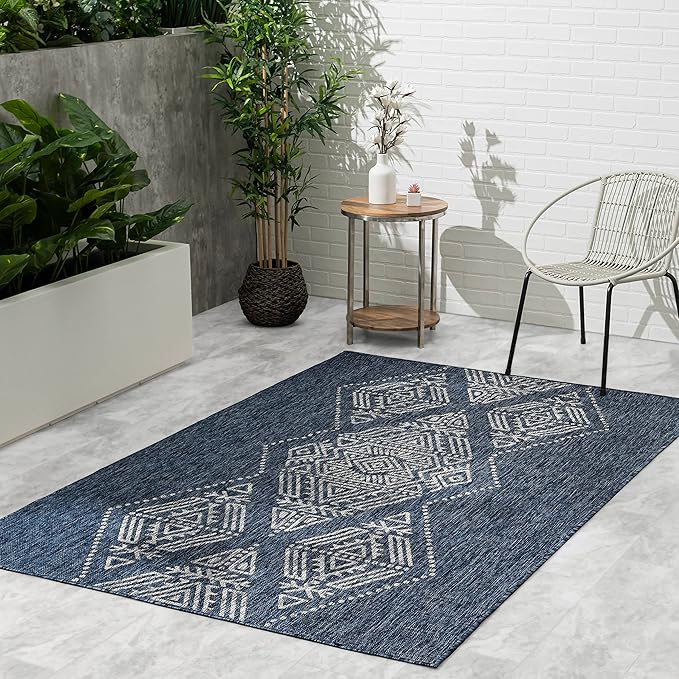 FH Home Outdoor Area Rug - Waterproof Easy to Clean Stain Resistant - Patio Indoor Outdoor Porch Deck Balcony Entryway - Boho Moroccan - Ariana - Blue - 7ft 10in x 10ft 9in