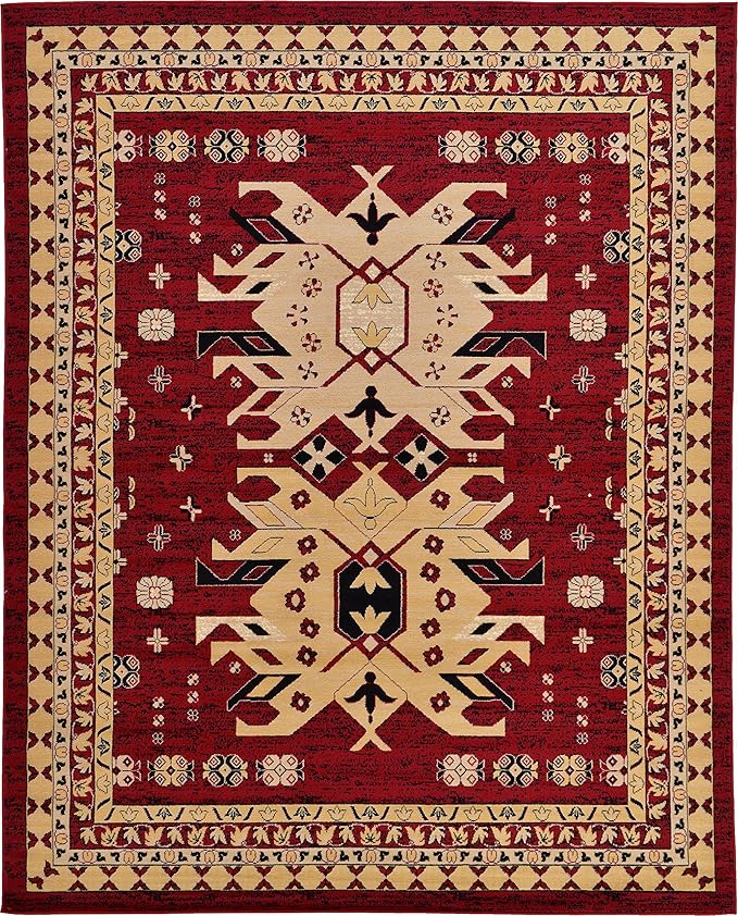 Unique Loom Taftan Collection Border Geometric Tribal Inspired Design Area Rug (8' 0 x 10' 0 Rectangular, Red/ Gold)