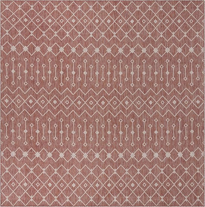 Unique Loom Outdoor Trellis Collection Area Rug - Tribal Trellis (10' 8" Square, Rust Red/ Ivory)
