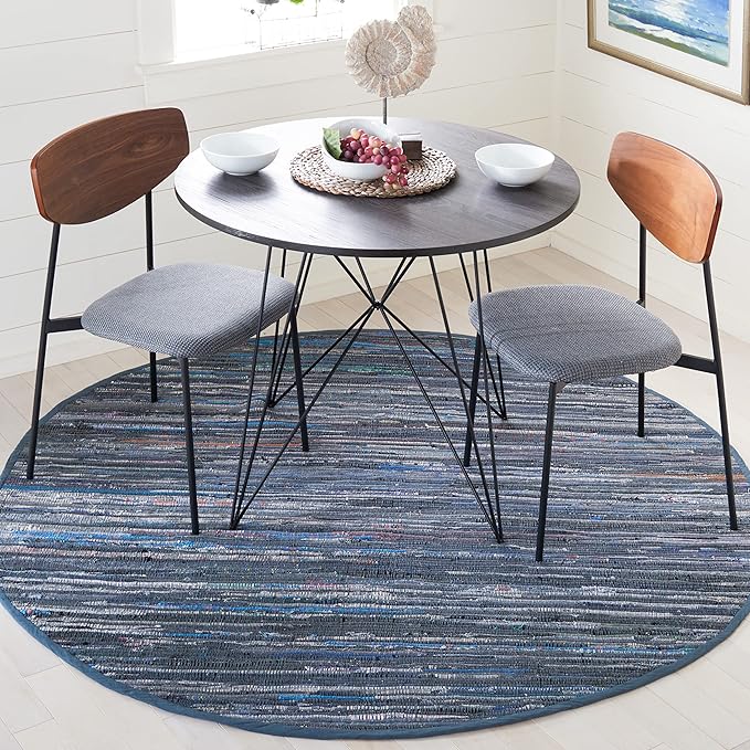 SAFAVIEH Rag Rug Collection 6' Round Ink / Multi RAR121C Handmade Boho Stripe Cotton Area Rug