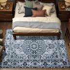 YJ.GWL Area Rugs for Living Room 5x7 Machine Washable Rugs, Non Slip Floral Vintage Rug Indoor Carpet, Stain Resistant Large Rug for Bedroom Dining Room, Navy Blue