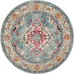 SAFAVIEH Monaco Collection Area Rug - 5' Round, Light Blue & Fuchsia, Boho Chic Medallion Distressed Design, Non-Shedding & Easy Care, Ideal for High Traffic Areas in Living Room, Bedroom (MNC243J)