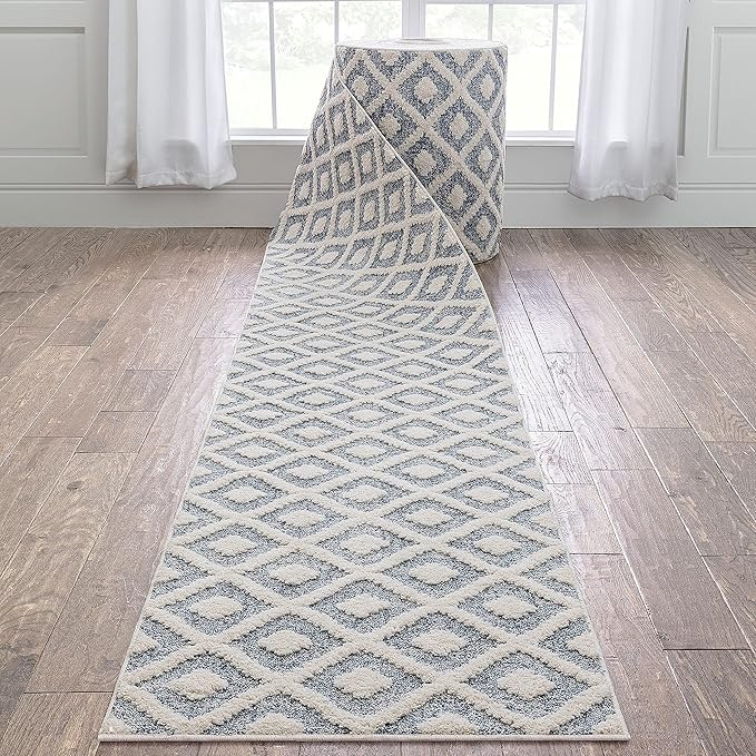 Well Woven Custom Size Runner - Choose Your Length - Ainsley Blue Diamond Trellis Geometric Tribal - 31 Inches Wide x 5 Feet Long Runner (31" x 5' Runner) Rug