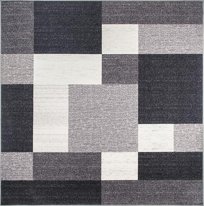 Rugshop Modern Boxes Design Non-Slip (Non-Skid) Square Dining Room, Living Room, Kitchen Area Rug 6'6" x 6'6" Gray